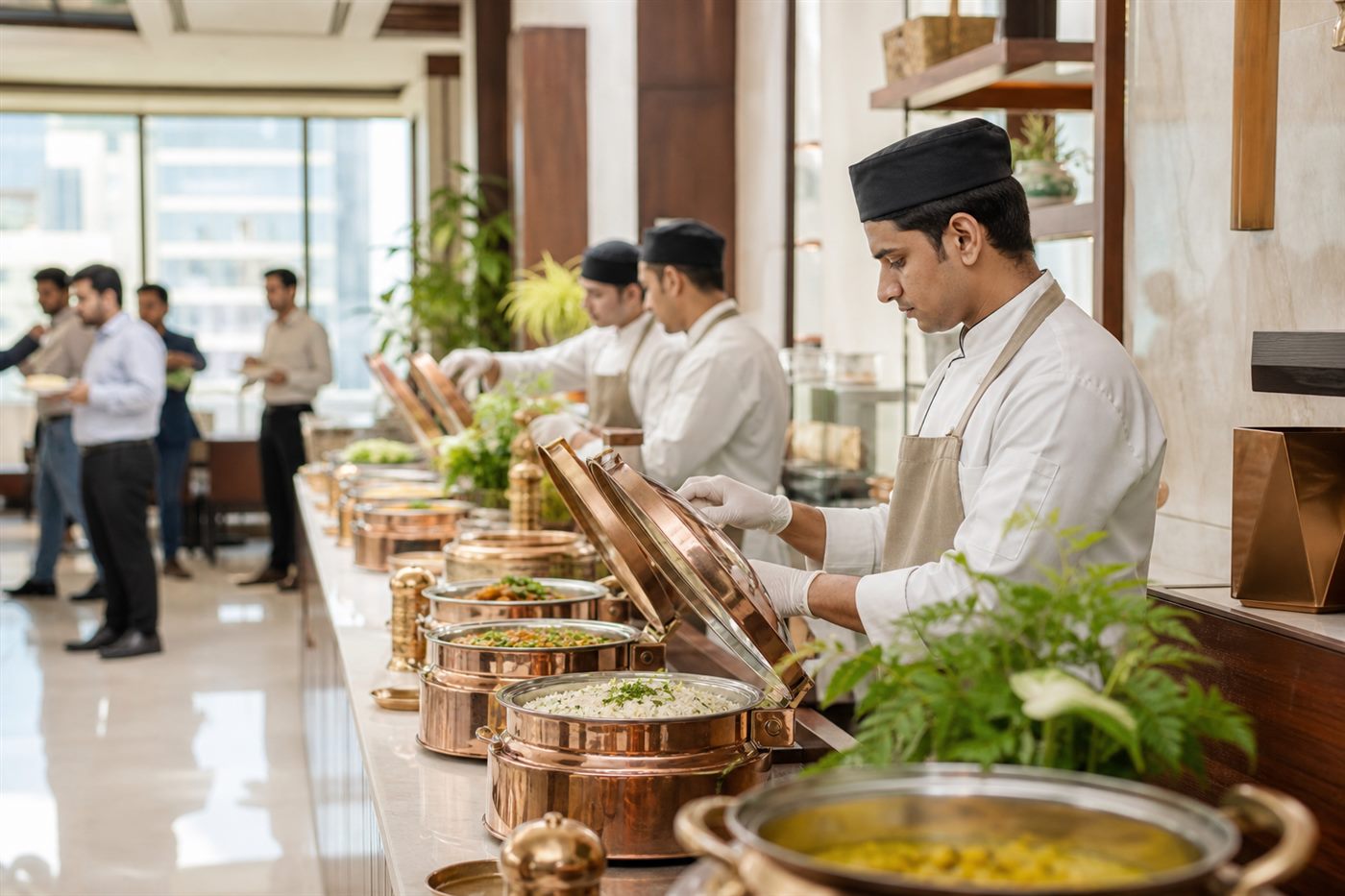 Professional catering staff at a corporate buffet
