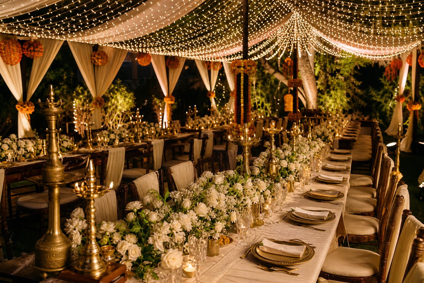 Warm Indian wedding dinner setup
